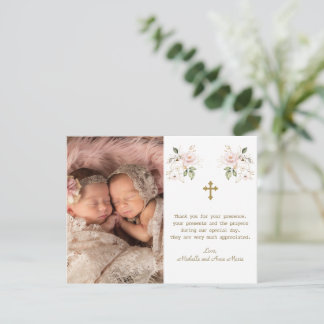 Pink Floral Photo Girls Twins Gold Cross Baptism Thank You Card