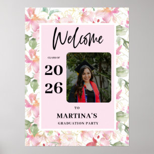 Pink Floral Photo Graduation Party Welcome Sign