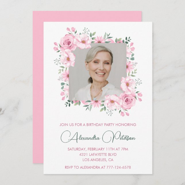 Pink Floral Photo invitations à 84e anniversaire (Devant / Derrière)