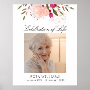 Pink Floral Photo Life Celebration Memorial Sign