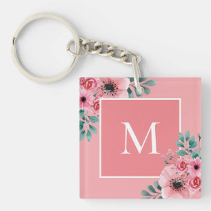 Pink Floral Photo Monogram Key Ring