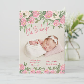 Pink Floral Photo Oh Baby Script Birth Announcement