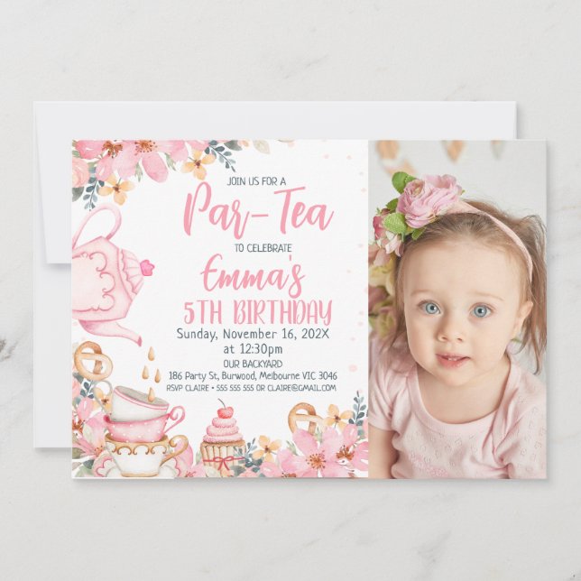 Pink Floral Photo Par-tea Birthday Invitation (Front)