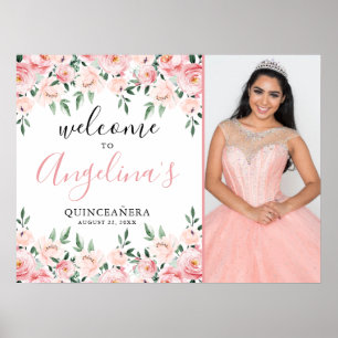 Pink Floral Photo Quinceanera Welcome Sign