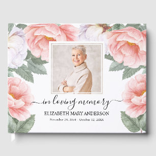 Pink Floral Photo Sympathy Funeral Watercolor Guest Book