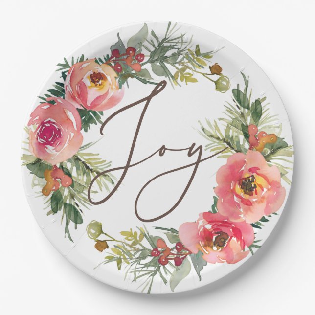 Pink Floral & Pine Wreath | Joy Christmas Party Paper Plate (Front)