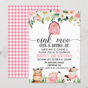 Pink Floral Plaid Farm Animal Birthday Invitation