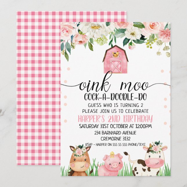 Pink Floral Plaid Farm Animal Invitation Anniversa (Devant / Derrière)