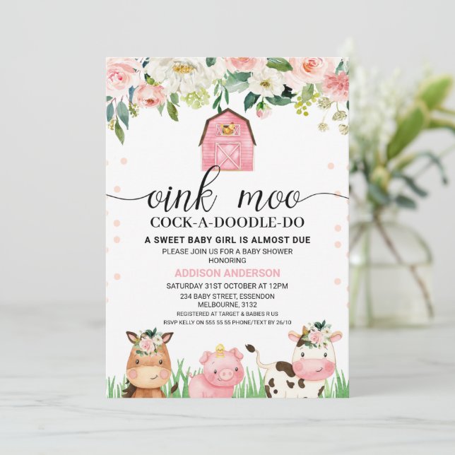 Pink Floral Plaid Farm Animals Baby Shower Invitation (Standing Front)