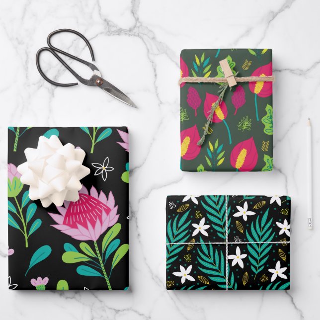 Pink Floral Plant Pattern Wrapping Paper Sheet (Front)