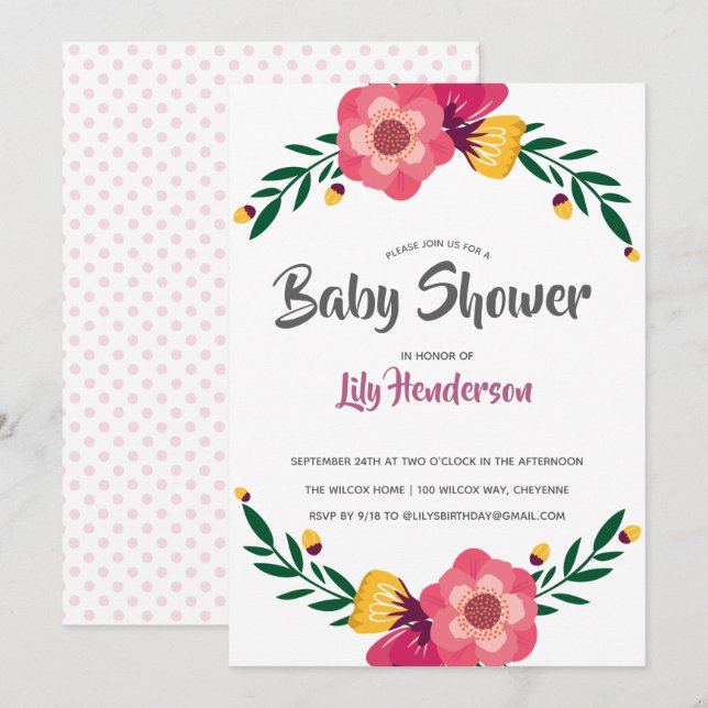 Pink Floral Polka Dot Baby Shower Party Invitation (Front/Back)