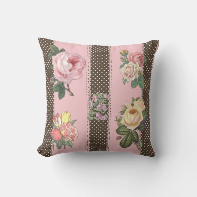 Pink Floral Polka Dot Reversible Decorative Pillow (Front)