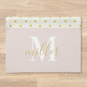 Pink Floral Polka Dots Family Name Monogram Kitchen Towel