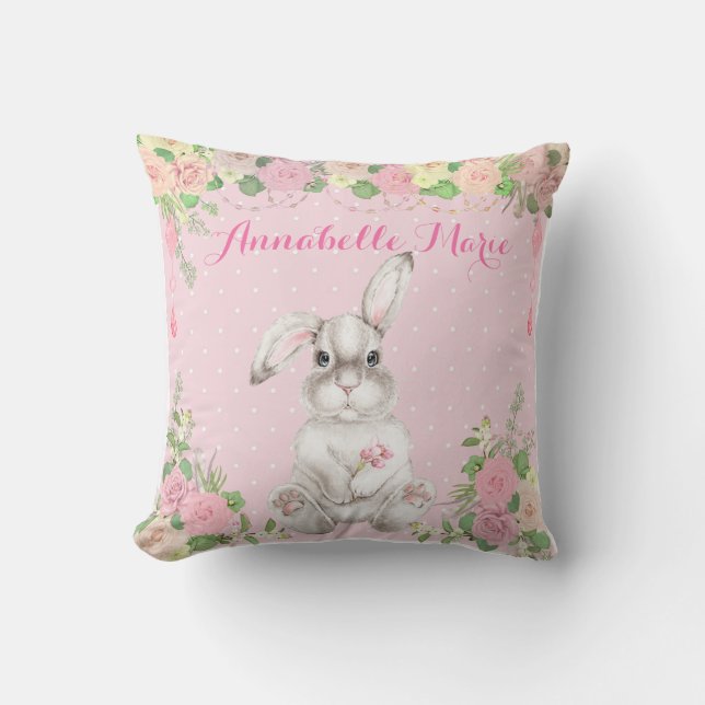 Pink Floral Precious Easter Bunny Rabbit Nursery Throw Pillow (Front)