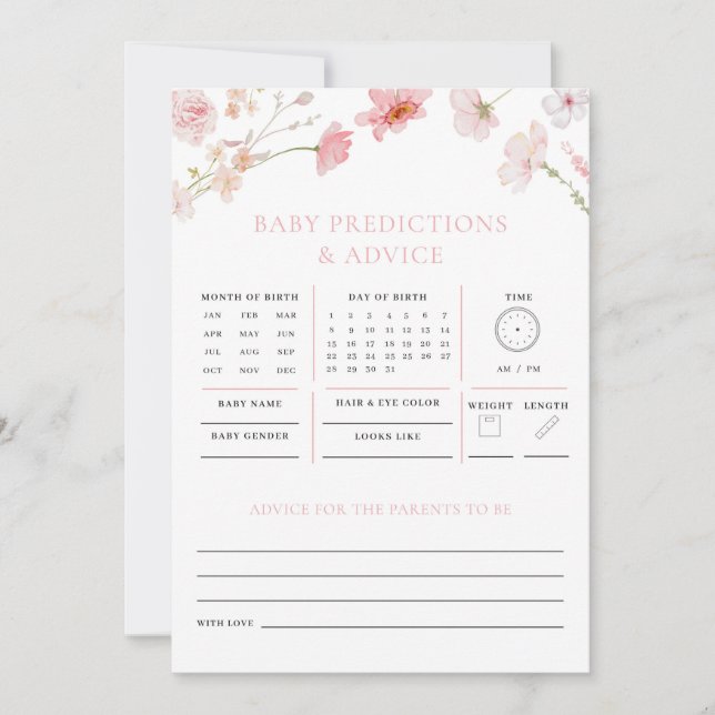 Pink Floral Predictions Advice Baby Shower Game (Front)