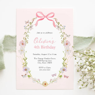 Pink Floral Pretty Bow Birthday Invitation