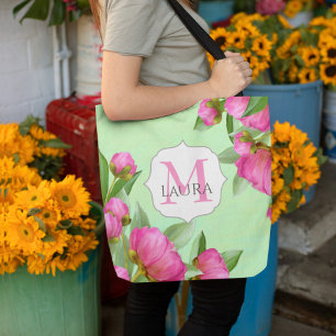 Pink Floral Pretty Monogram Personalized Tote Bag