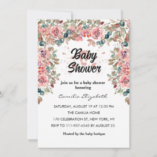 Pink Floral Pretty Watercolor Flowers Baby Shower  Invitation