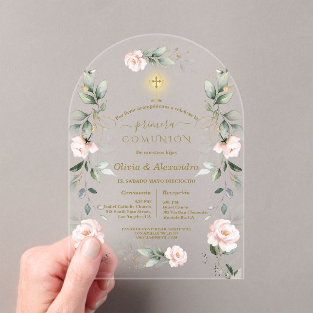 Pink Floral Primera Comunión Twins Holy Communion Acrylic Invitations (Insitu (Handheld))