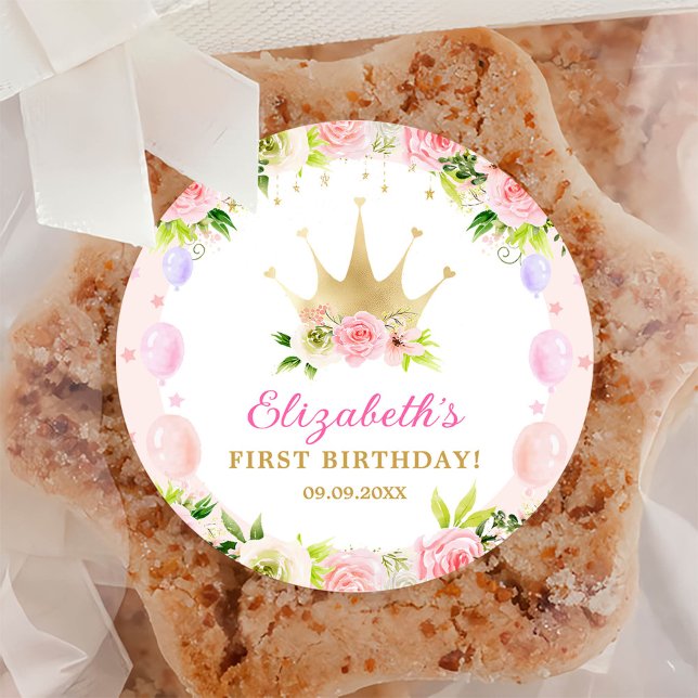 Pink Floral Princess Crown 1st Birthday Classic Round Sticker (Creator Uploaded)