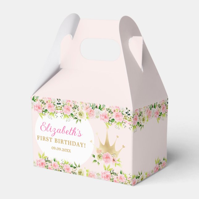 Pink Floral Princess Crown 1st Birthday Favor Box (Back Side)