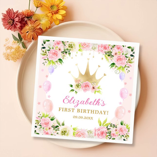 Pink Floral Princess Crown 1st Birthday Napkin (Creator Uploaded)