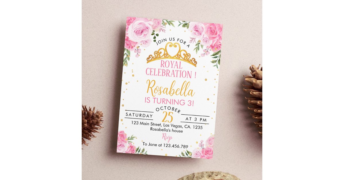 Pink Floral Princess Crown Birthday Invitation | Zazzle