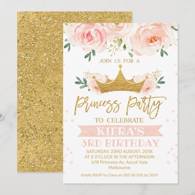 Pink Floral Princess Party Birthday Invitation (Front/Back)