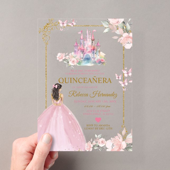 Pink Floral Princess Royal Castle Gold Quinceañera Acrylic Invitations (Insitu (Handheld))