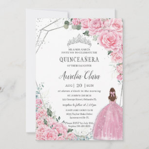 Pink Floral Princess Silver Quinceanera Mis 15 Invitation