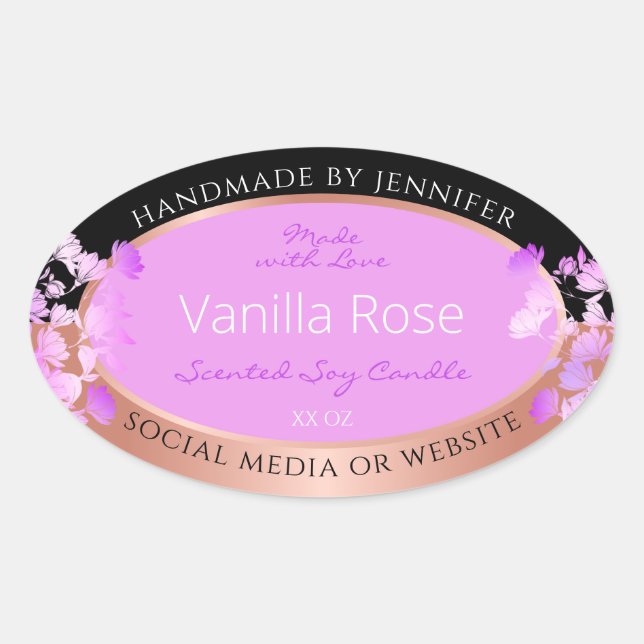 Pink Floral Product Labels Black and Rose Gold (Front)
