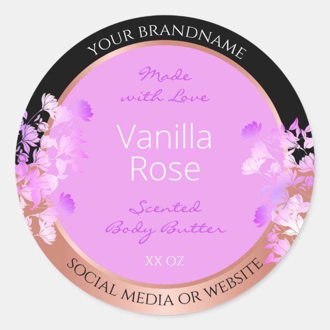Pink Floral Product Labels Black and Rose Gold (Front)