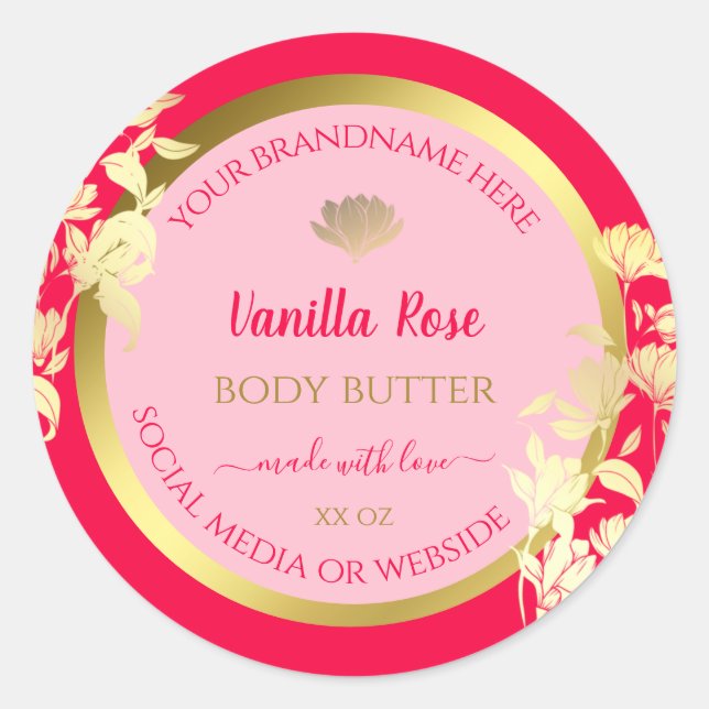 Pink Floral Product Packaging Labels Gold Frame (Front)