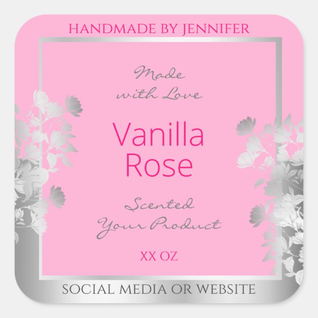 Pink Floral Product Packaging Labels Silver Frame (Front)