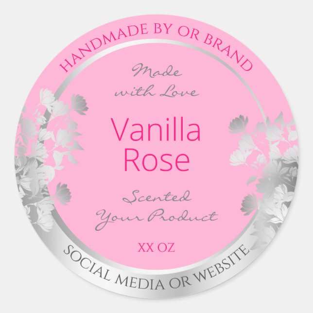 Pink Floral Product Packaging Labels Silver Frame (Front)