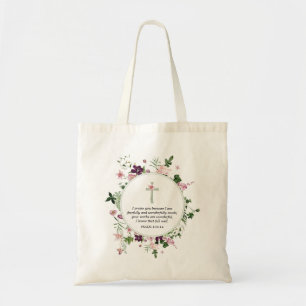 Pink Floral Psalm 139:14  Tote Bag
