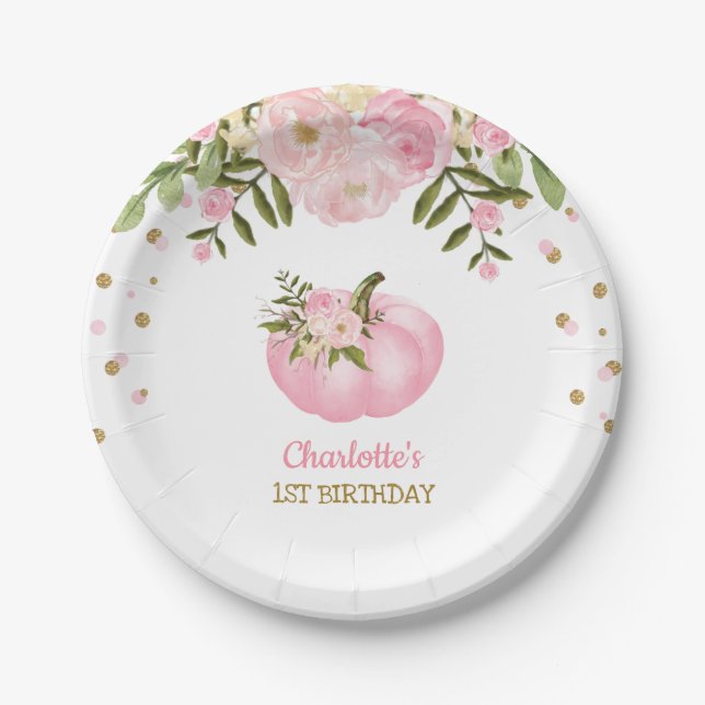 Pink Floral Pumpkin 1st First Birthday 7" Plate (Front)