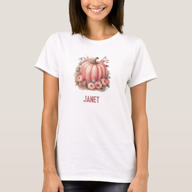 Pink Floral Pumpkin and Fall Leaves T-Shirt (Front)