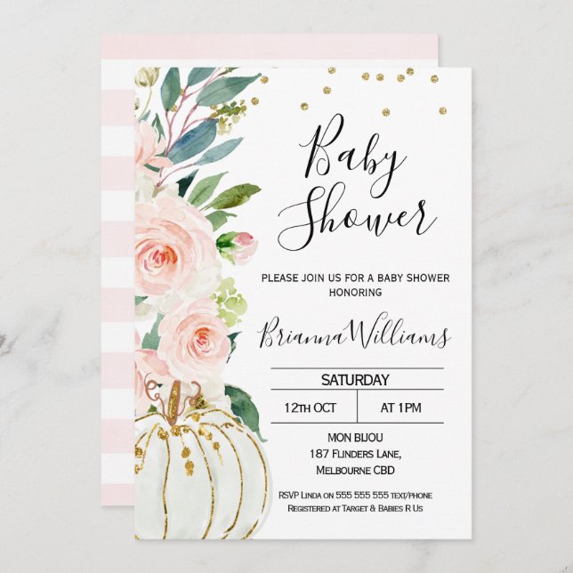 Pink Floral Pumpkin Baby Shower Invitation (Front/Back)