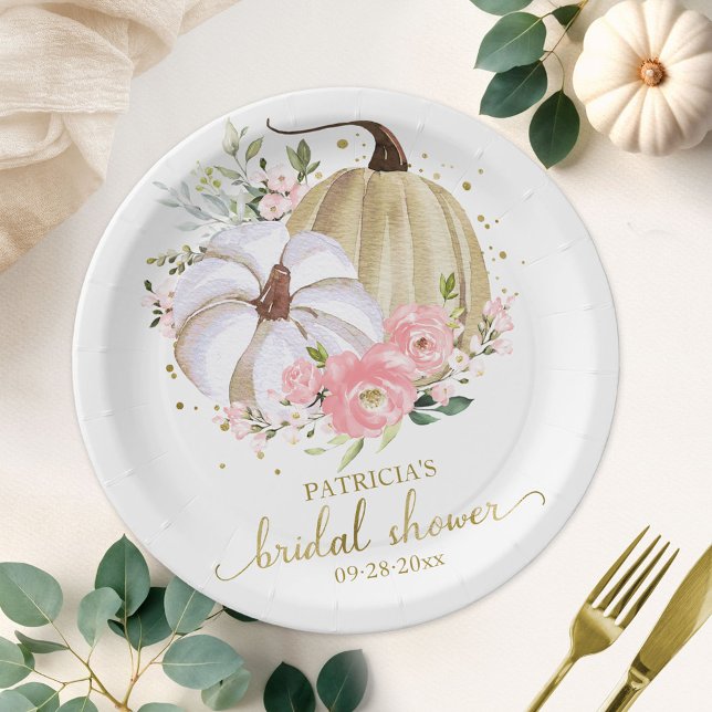 Pink Floral Pumpkin Fall Bridal Shower Paper Plate (Creator Uploaded)