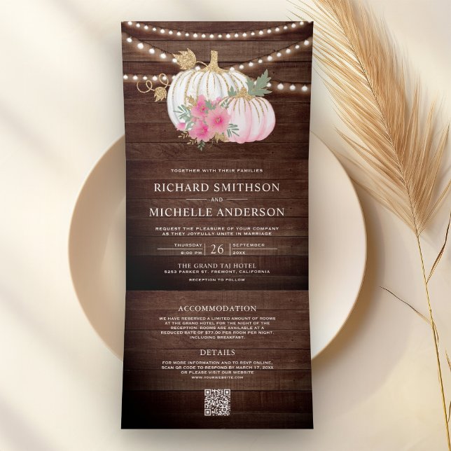 Pink Floral Pumpkin Fall QR Code Barn Wood Wedding Tri-Fold Invitation (Creator Uploaded)