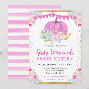 Pink Floral Pumpkin Fall Sweet Sixteen Invitation