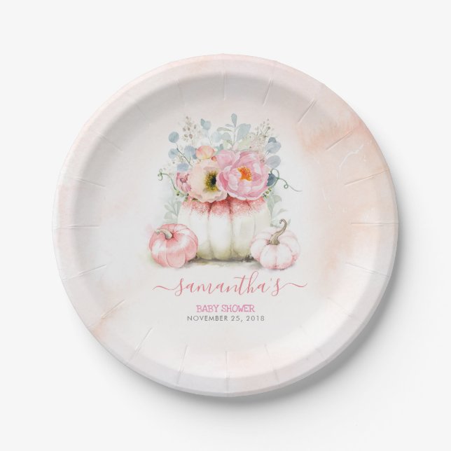 Pink Floral Pumpkin Fall Wedding Paper Plate (Front)