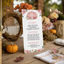 Pink Floral Pumpkin Shower Menu Card 4x9