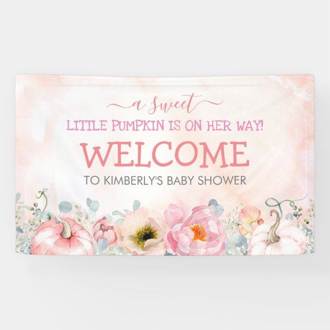 Pink Floral Pumpkins Fall Baby Shower Welcome Banner (Horizontal)