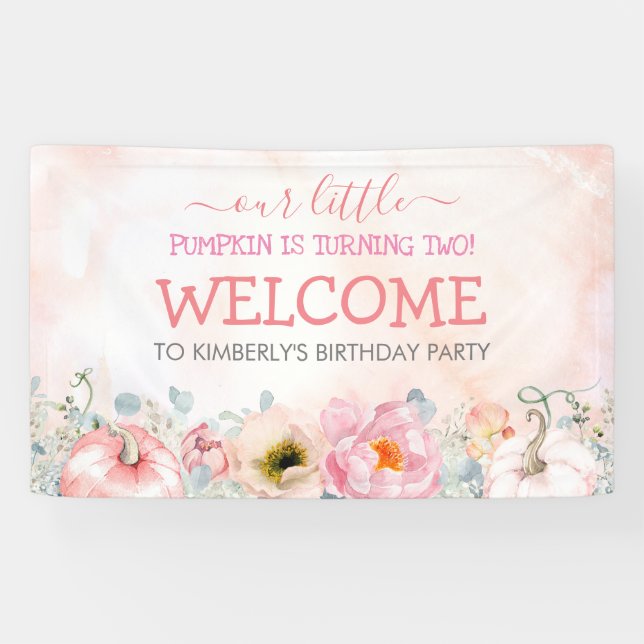 Pink Floral Pumpkins Fall Birthday Party Welcome Banner (Horizontal)