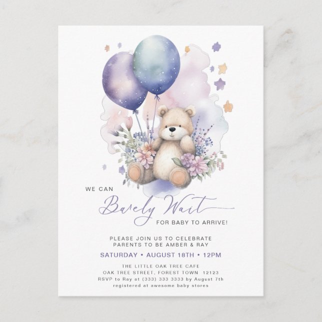 Pink Floral Purple Balloon Bear Girl Baby Shower Invitation Postcard (Front)