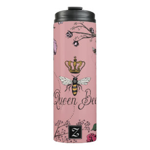 Pink Floral Queen Bee & Gold Crown Monogram Thermal Tumbler