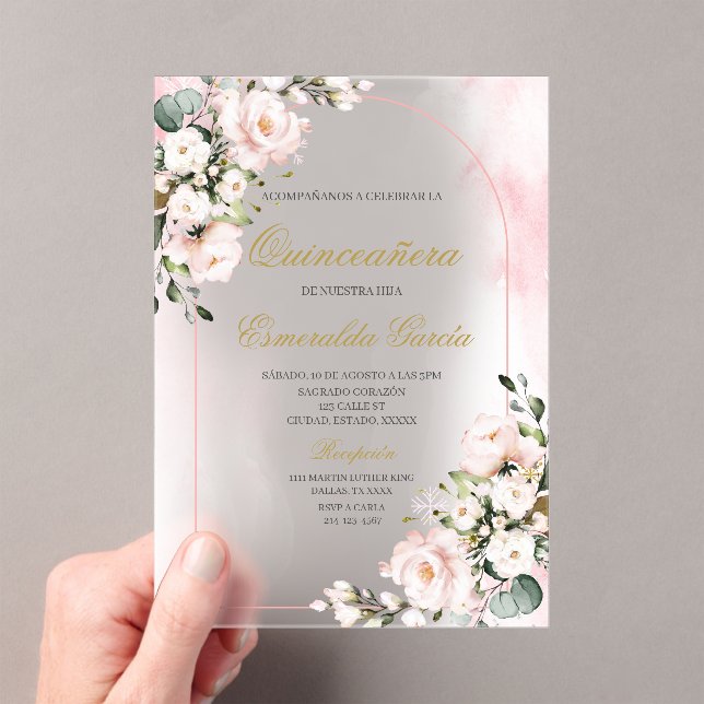 Pink floral quinceañera acrylic invitations (Insitu (Handheld))