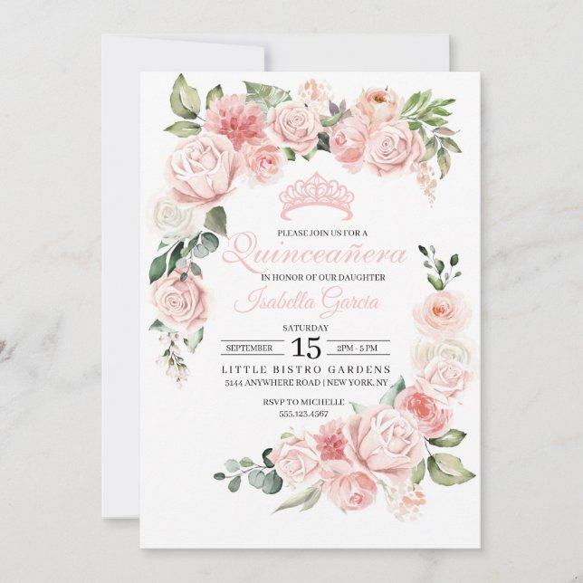 Pink Floral Quinceanera Birthday Invitation (Front)